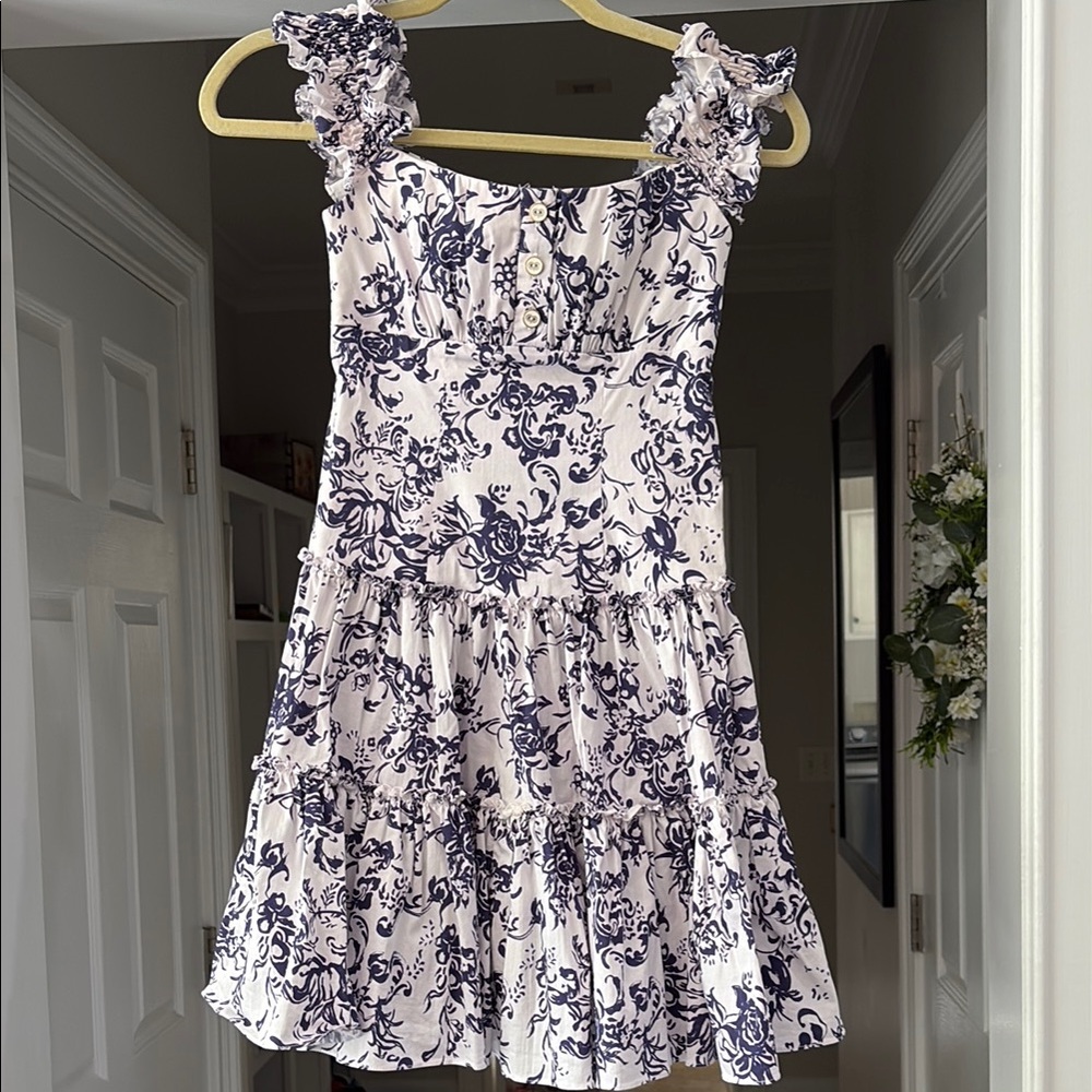 Caroline Constas Blue and White Floral Mini Dress